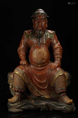 A MING DYNASTY WOOD CARVED COLOR PAINTED GUAN YU STATUE