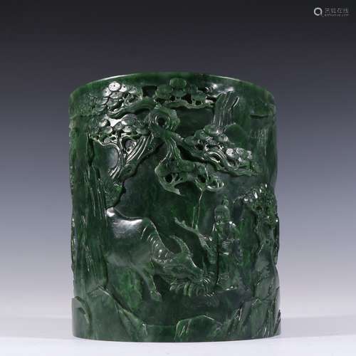 A QING DYNASTY JASPER JADE CARVED HERD COWS BRUSH HOLDER