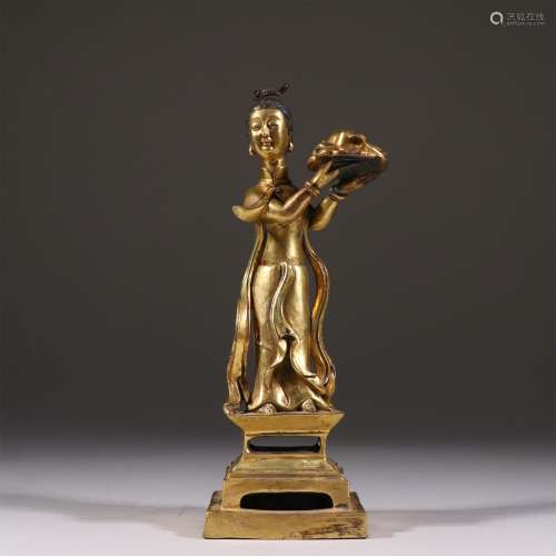 AN OLD BRONZE GILDED LADY STATUE