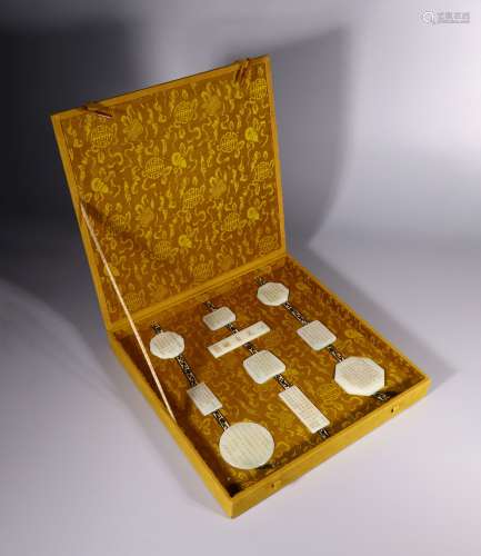 A SET OF QING DYNASTY HETIAN WHITE JADE CARVED POETRY BRANDS