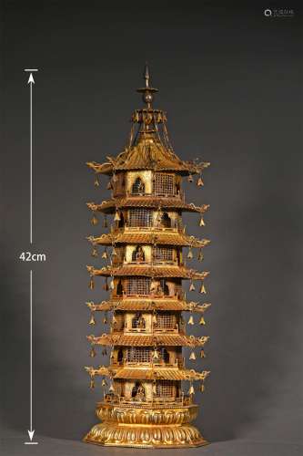 A SONG DYNASTY SILVER GILDED PAGODA