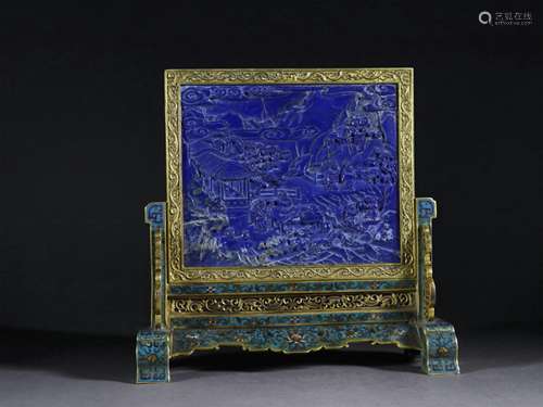 A  CLOISONNE INLAY LAPIS LAZULI LANDSCREEN TABLE SCREEN