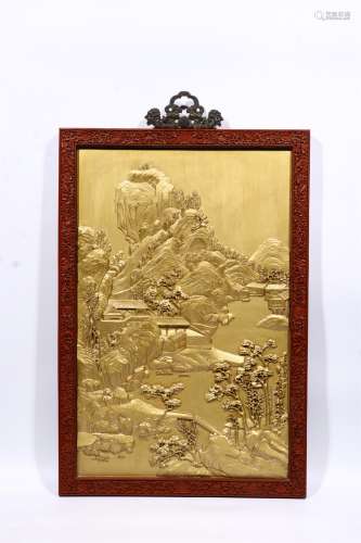 A QING DYNASTY CARVING PAINTED GOLD LANDSCAPE HANGING SCREEN