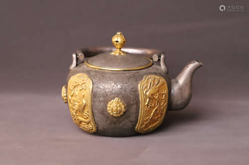 A Gilt Bird Pattern Silver Tea Pot