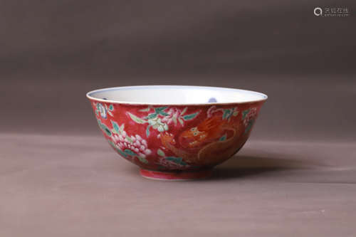 A Red Base Drawing Dragon and Phoenix Porcelain Bowl