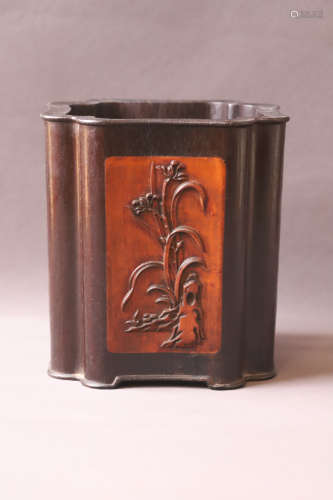 A Carved Flower Pattern Boxwood Inlaid Red Sandalwood Brush ...