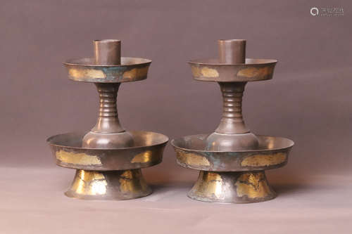 A Pair of Gilt Flower Pattern Silver Candle Holder