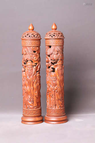 A Pair of Carved Wood Incense Burner