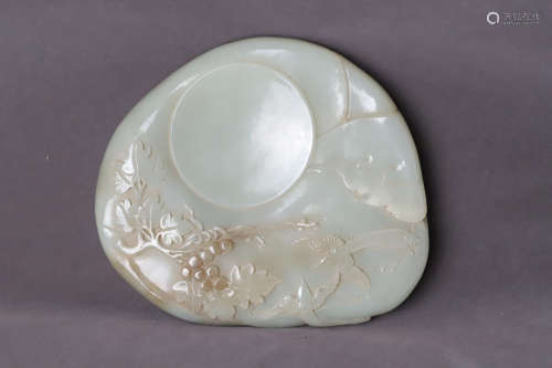 A Carved Bird Flower with Poetry Calligraphy Pattern Jade In...