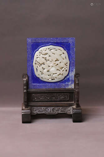 A Carved Dragon Jade Inlaid Lapis Lazuli Table Plaque