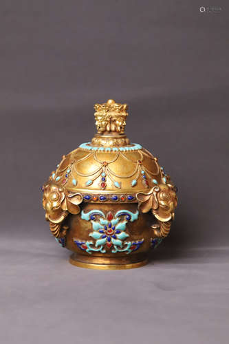 A Gilt Bronze Multi Gem Stone Inlaid Elphant Ears Incense Bu...