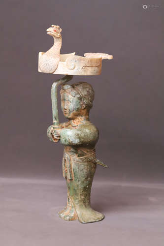 A Bronze Man with Jade Bird Candle Holder