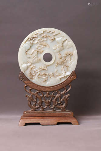 A Carved Landscape Round Jade Bi Table Plaque