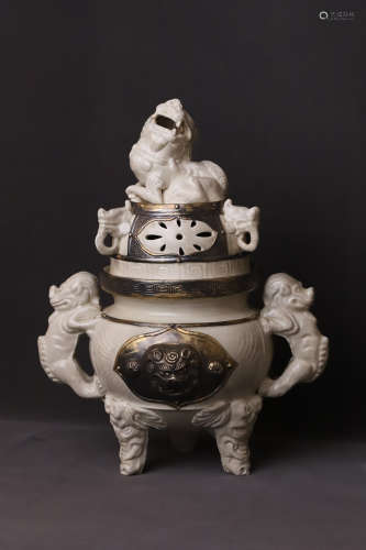 A Ding Kiln Carved Lion Double Ears Porcelain Incense Burner