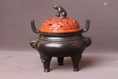 A Carved Lion Red Sandalwood Incense Burner