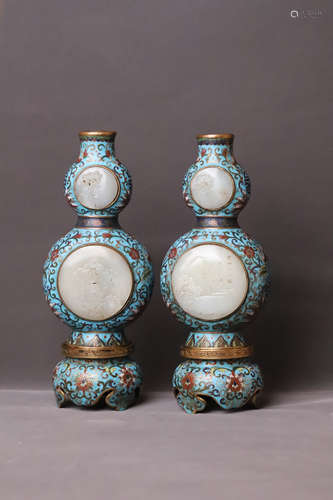 A Pair of Carved Landscape Pattern Jade Inlaid Cloisonne Gou...