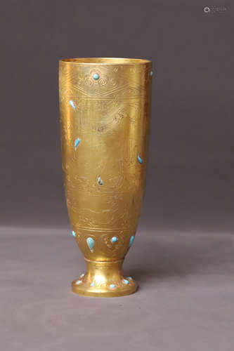 A Gilt Carved Bird Pattern Turquoise Inlaid Bronze Cup