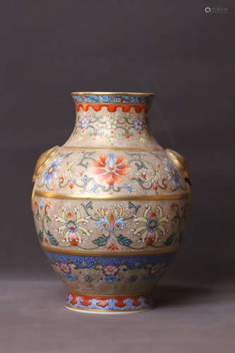 A Famille Rose Flower Pattern Double Ear Porcelain Vase