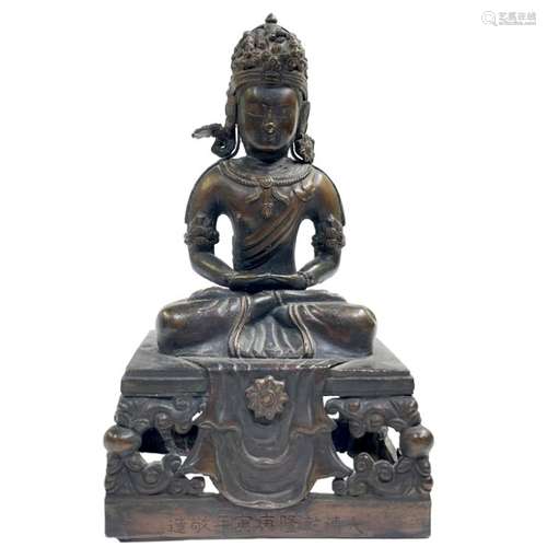 18th Century Chinese Tibetan Seated Bronze Buddha With Qianl...