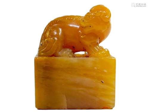 Important Chinese Yellow Stone Seal Carving Qilin Mythical A...