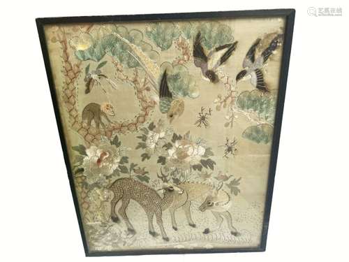 Chinese Embroidery Depicting Deer's Monkeys Birds & Insects ...