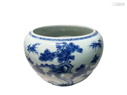 Large Chinese Blue & White Pot Decorated With Scenes Of Natu...