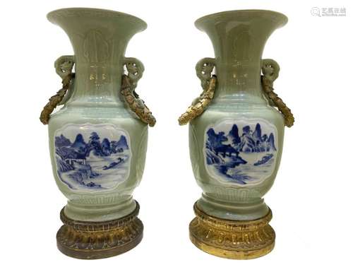 Chinese Qianlong Celadon Pair Of Vases With French Ormolu Mo...