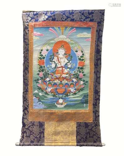 Chinese Tibetan Silk Thangka Depicting Buddha On Golden Silk...