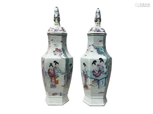 Pair Of Chinese Export Hexagonal Lidded Vases Qianlong Perio...