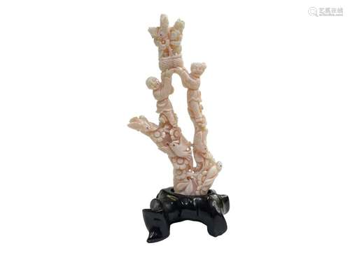 Chinese Qing Period Natural Pink Coral Figure Mounted On Ros...