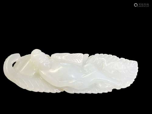 Chinese Qing Period White Jade Lady Reclining On Feather Pen...