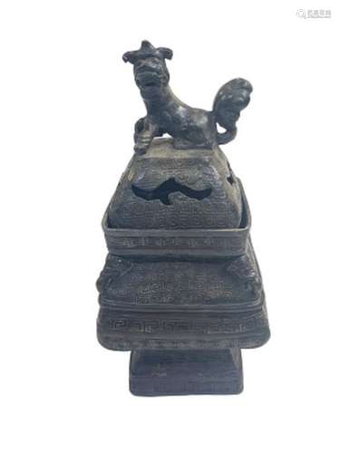 Chinese 17th Century Bronze Incense Burner Foo Dog As Handle