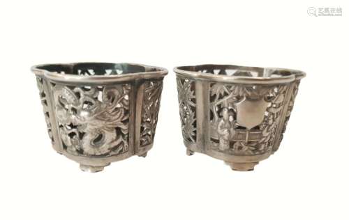 Pair Of Chinese Silver Pot Depicting Dragon Figures Marked O...