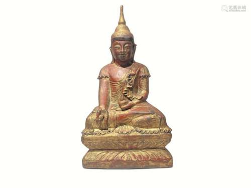 Southeast Asian Gilt Wood Buddha Seated On Double Lotus Base...