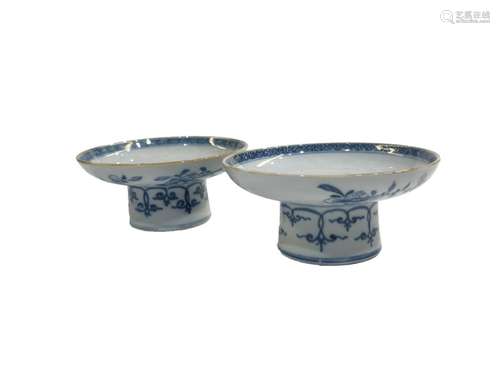 Chinese Qianlong Pair Of Blue & White Saucers With White Ena...