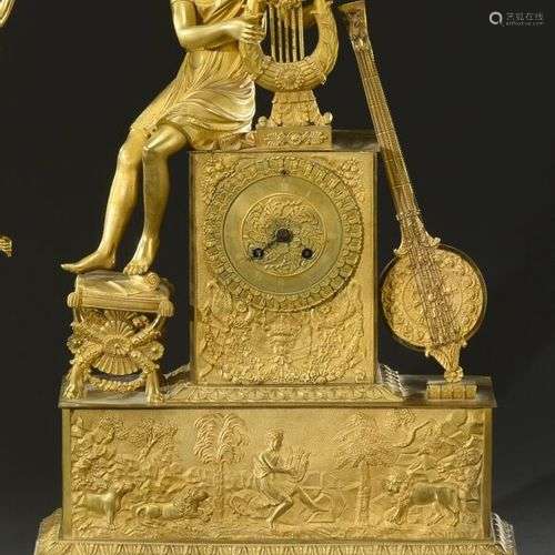 Importante pendule en bronze doré à sujet d'Orphée jouant de...
