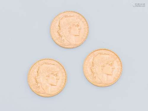 Lot de trois pièces de 20 Francs or Coq de Chaplain, 1907, 1...