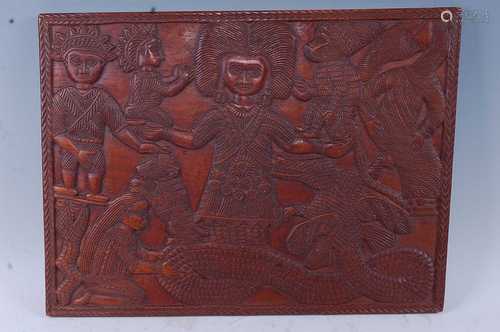 A hardwood panel of rectangular form, carved with various fi...