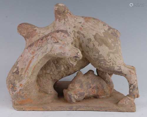 * A Chinese terracotta figure, modelled as a camel standing ...