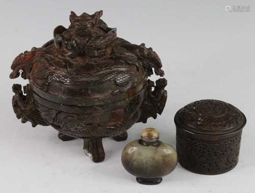 * A Chinese hardstone jar and cover of squat circular form, ...