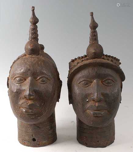 * A pair of hollow cast copper alloy Royal busts, each with ...