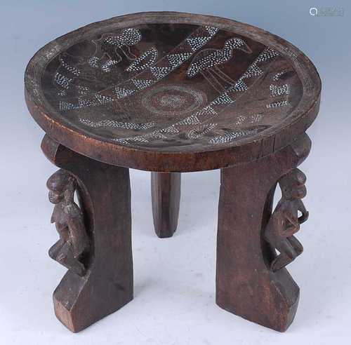 An East African hardwood stool, the circular dished seat wit...