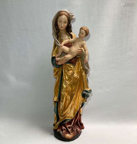 VIERGE A L'ENFANT en bois et stuc à décor polychrome et or H...