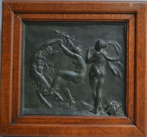 BAS RELIEF en bronze figurant un satyre dansant avec des nym...