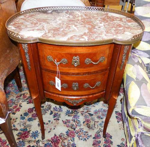 A Louis XV style marble top two drawer petit commode, width ...