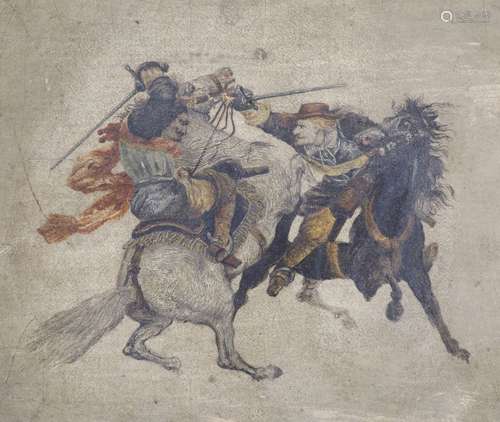 19th century, oil on millboard, Mounted figures duelling, 15...