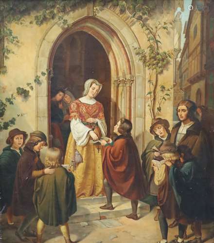 19th century German SchoolLady giving alms at a church doorO...