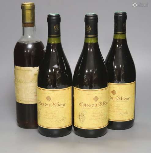 One bottle of Chateau d'Arte and three bottles of Cotes du R...