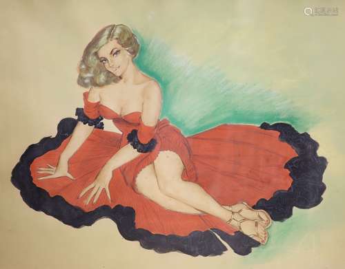 A pin-up style mixed media study of a young woman, indistinc...