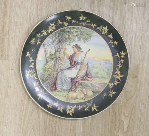 A large Victorian amateur decorated charger, diameter 44cm